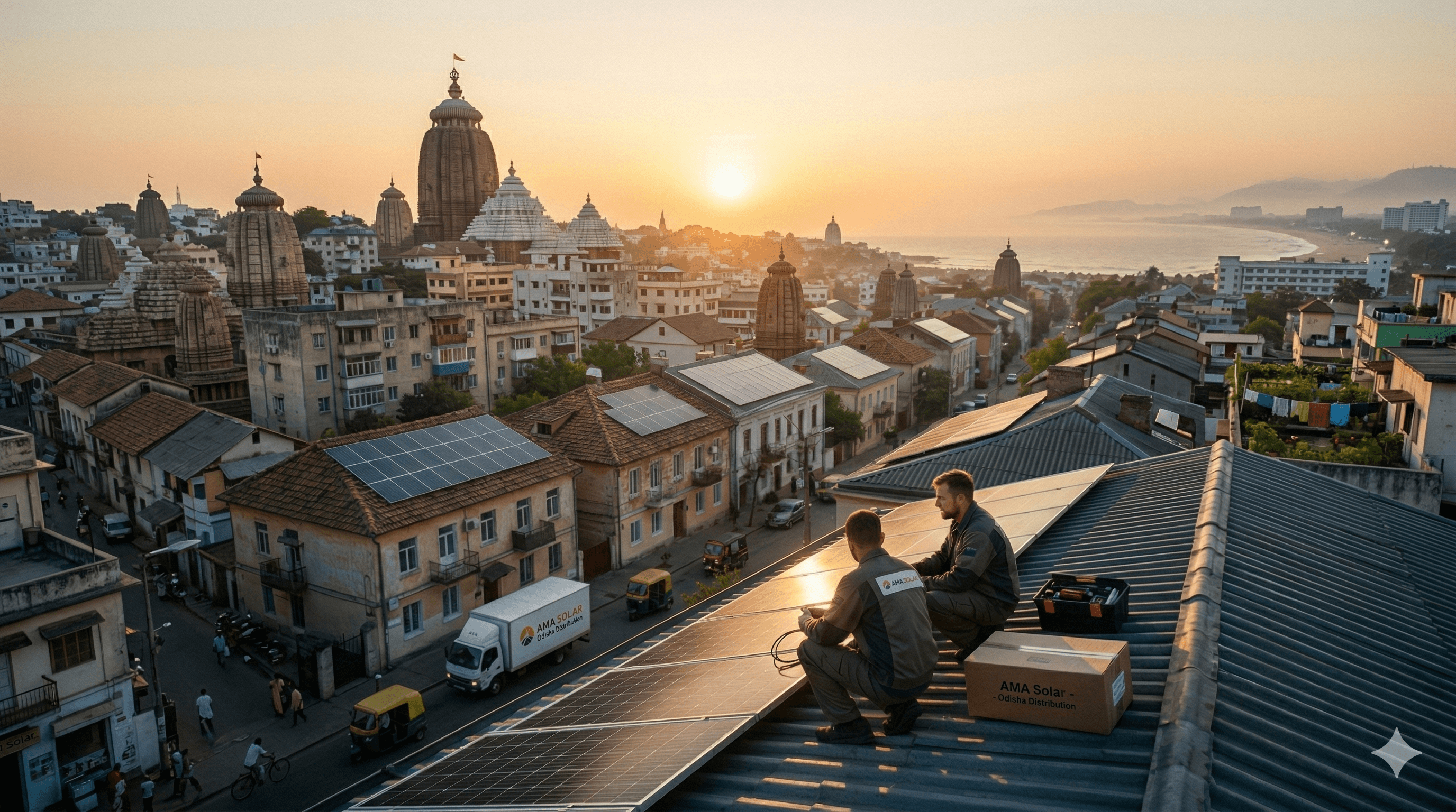 AMA Solar team installing rooftop solar panels in Odisha at sunset